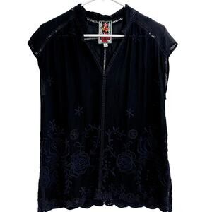 Johnny Was Floral Embroidered Black Navy Tunic Top Size XS Boho Artsy Hippie